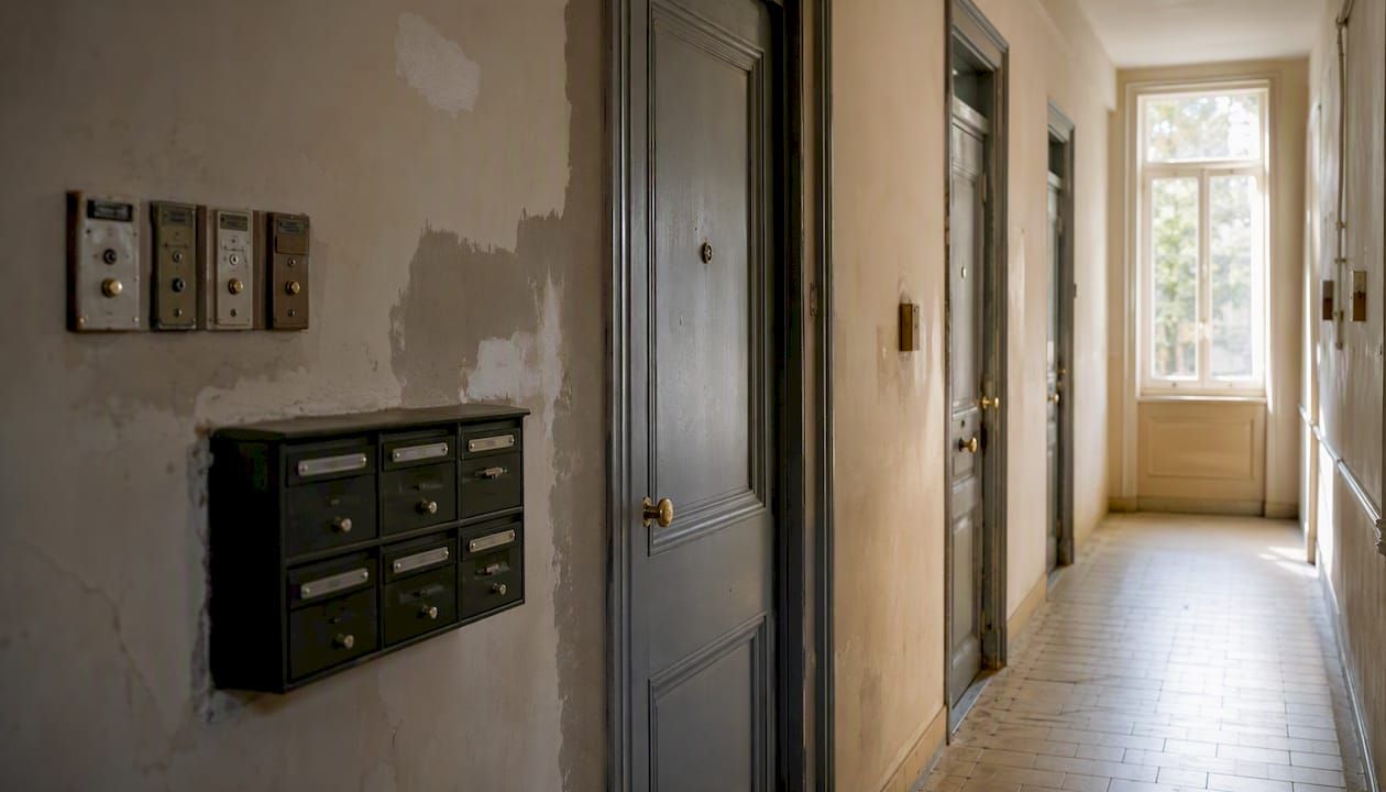 Un couloir d’immeuble où s’alignent plusieurs sonnettes d’appartements.