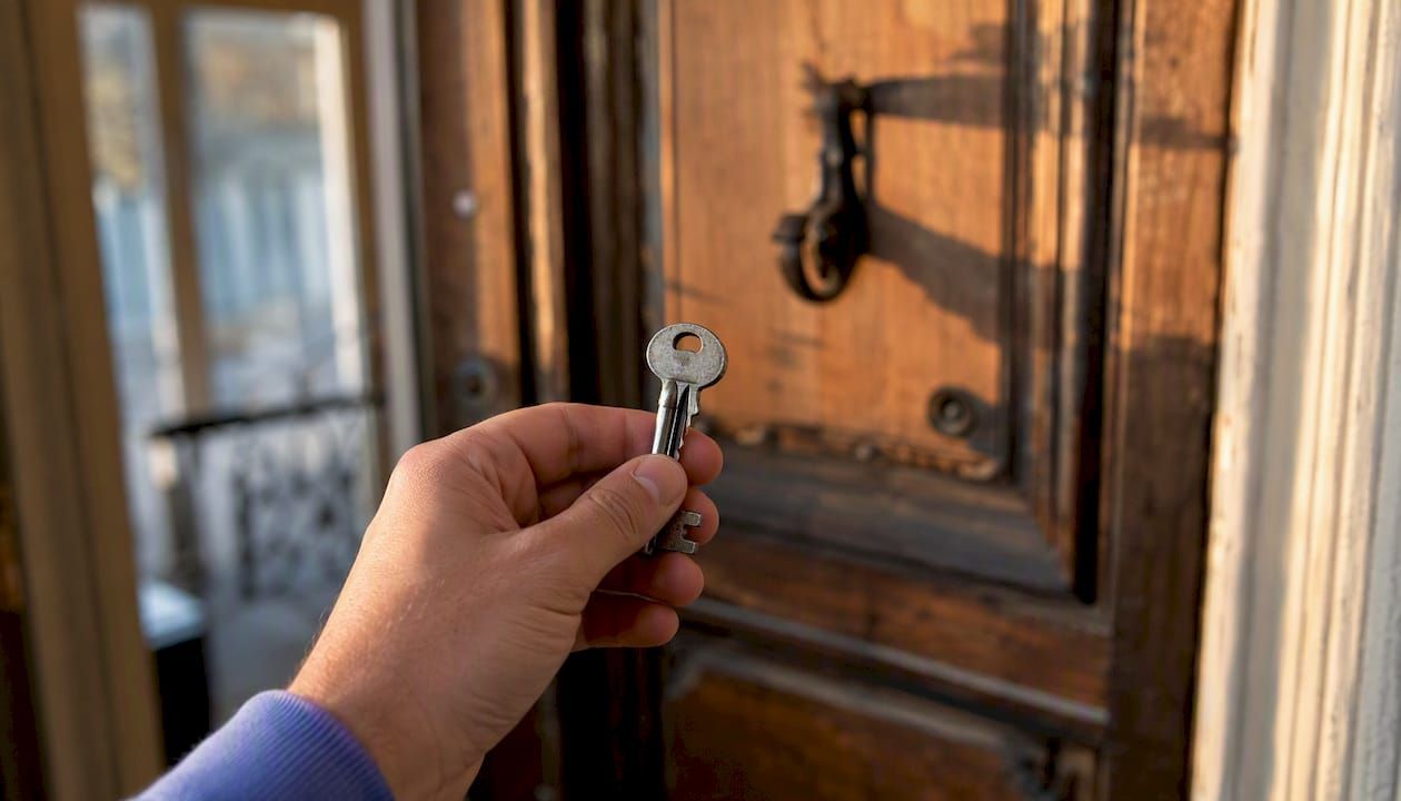Une main tient un porte-clés en forme de maison devant un vieil appartement.