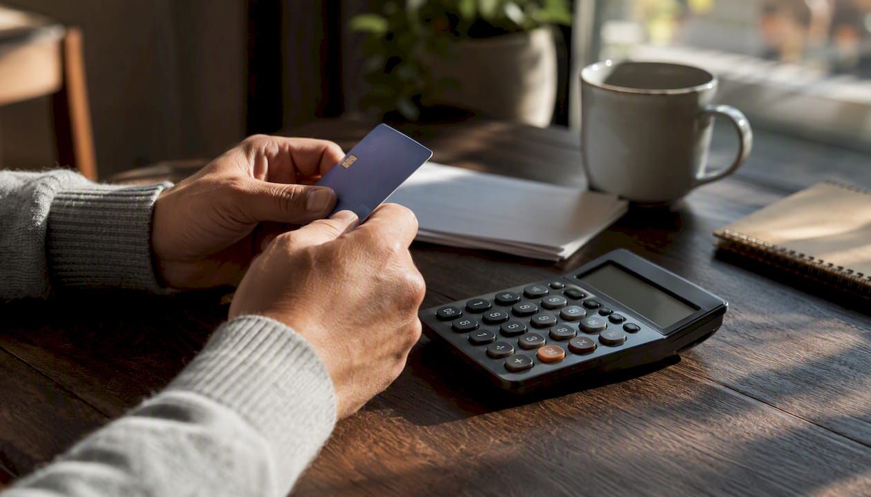 Une personne tient sa carte bancaire d’une main tout en manipulant une calculatrice de l’autre.
