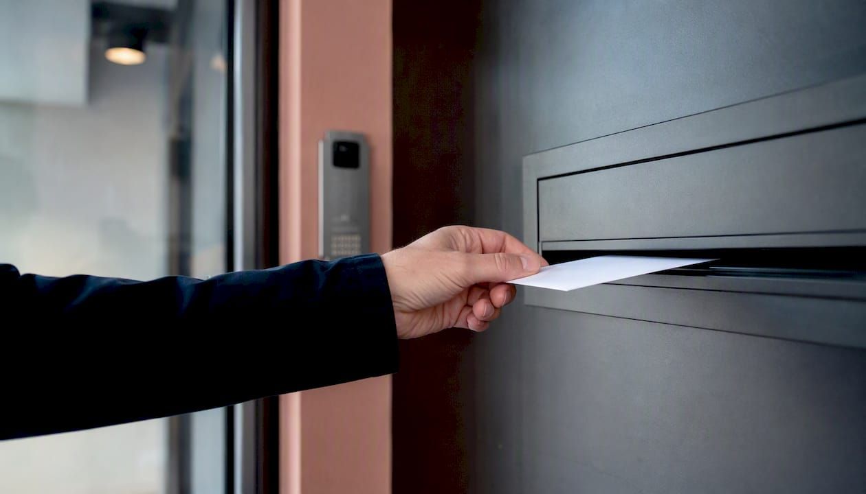 Une main glisse une enveloppe dans une boîte aux lettres d’immeuble.
