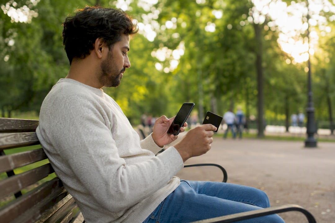 Des mains tiennent un smartphone et une carte bancaire posés sur la table.