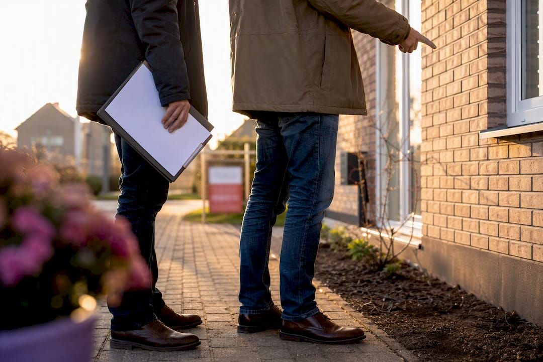Deux personnes en train de négocier près de l'entrée d'un bien immobilier