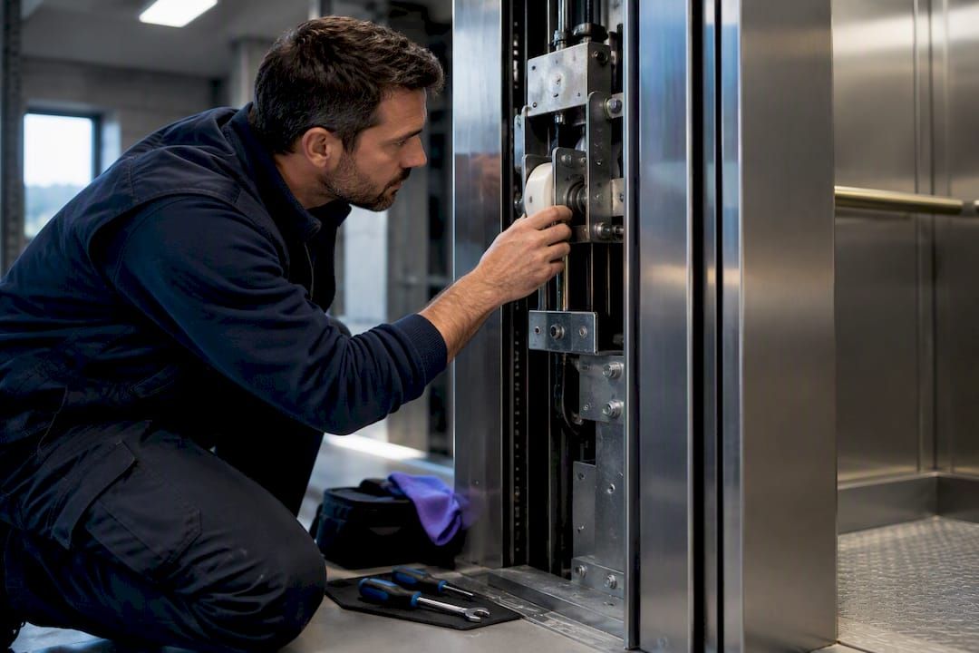 Technicien qui examine un mécanisme d’ascenseur